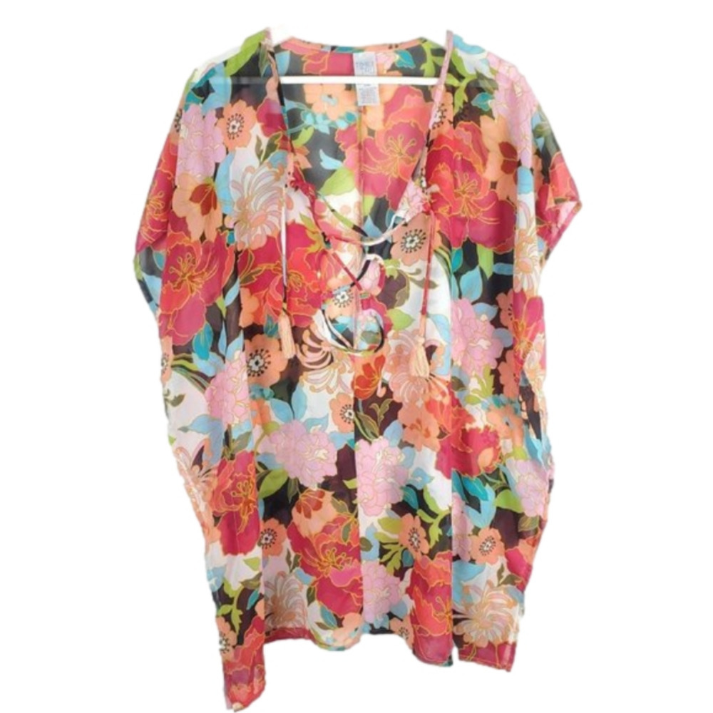 Time & Tru M Floral Swim cover Lace up Semi-sheer Short sleeves Pullover